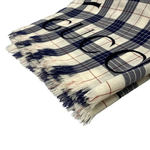 Auth GUCCI - Navy White Bordeaux Wool Scarf - Picture 7 of 10